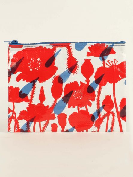 A white Blue Q zipper pouch with a blue zip. On the pouch are Red poppys in various stages of bloom and blue raindrops