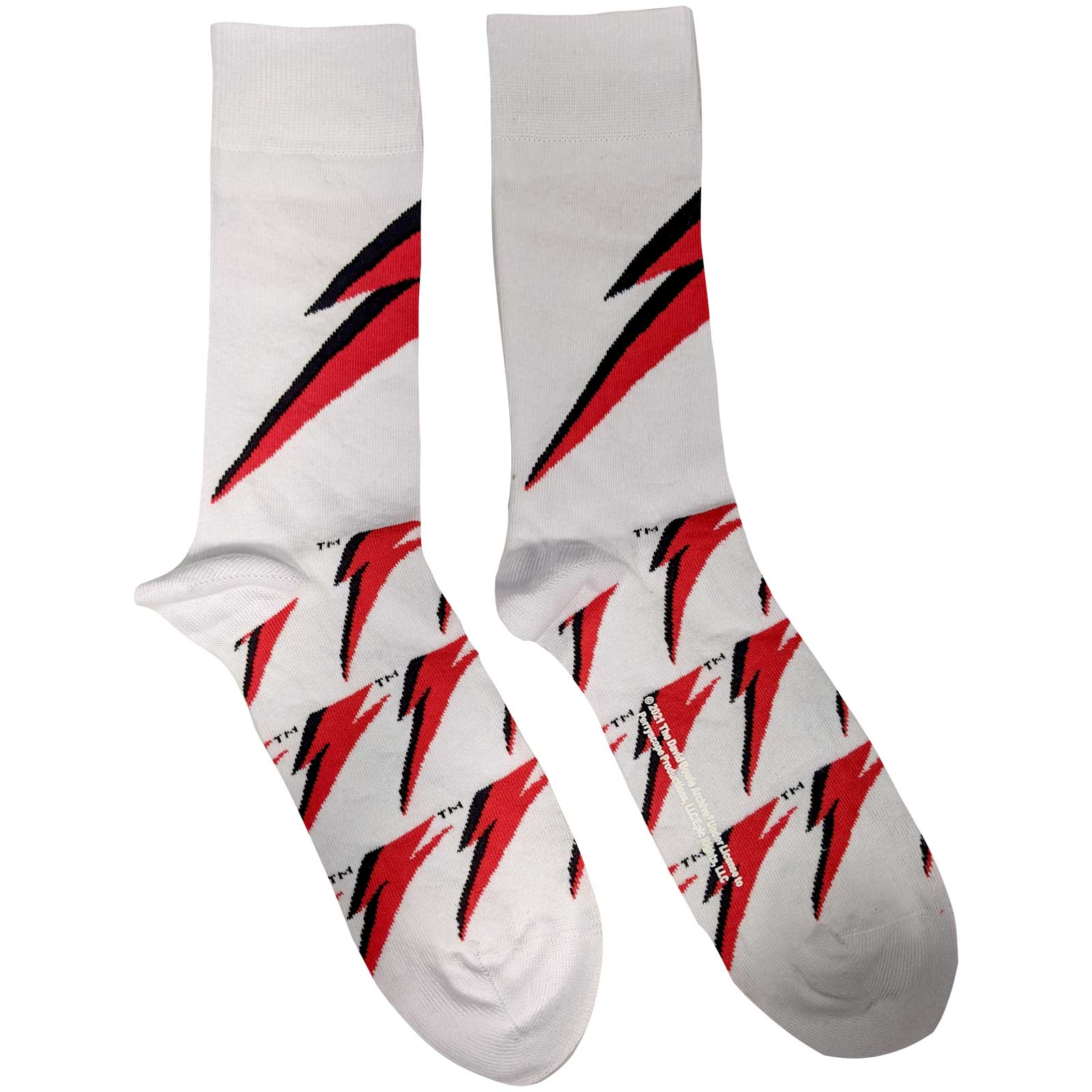 A pair of white socks with red and black David Bowie 'flash' logos all over. 