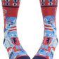 Blue Q socks with blue cats all over and blue cat eyes around the top. The cat on the front is smoking a pipe 