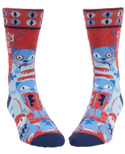 Blue Q socks with blue cats all over and blue cat eyes around the top. The cat on the front is smoking a pipe 