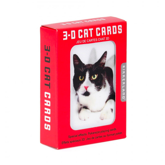 Red cardboard box containing a playing card at the front with a black and white cat