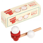 A beige cardboard box with a red, wooden floating ball game infront of it. The text on the box reads: Traditional floating ball game 