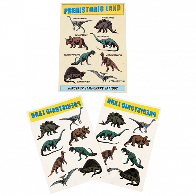 A yellow cardboard packet with dinosaurs on the front. The text reads: Prehistoric land temporary tattoos