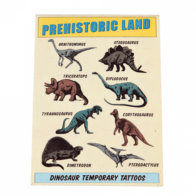 A yellow cardboard packet with dinosaurs on the front. The text reads: Prehistoric land temporary tattoos