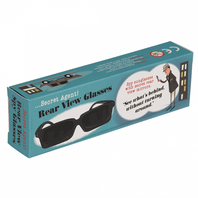 Blue gift box containing spy glasses with a picture of a detective on it. The box reads: Secret agent! rear view spy glasses. Spy sunglasses with secret mirrors. See what's behind without turning around. 