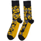 A pair of black and grey socks with yellow 'Wu-tang clan' logos all over. 